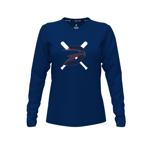 [CUS-DFW-TEES-PER-VNK-LSL-NVY-FYXS-LOGO1] Decker Performance T-Shirt (Female Youth XS, Navy, V Neck, Logo 1, Long Sleeve)