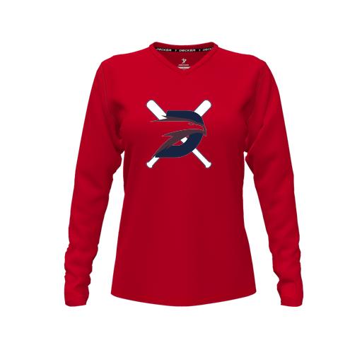 [CUS-DFW-TEES-PER-VNK-LSL-RED-FYXS-LOGO1] Decker Performance T-Shirt (Female Youth XS, Red, V Neck, Logo 1, Long Sleeve)