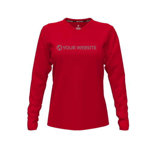 [CUS-DFW-TEES-PER-VNK-LSL-RED-FYXS-LOGO2] Decker Performance T-Shirt (Female Youth XS, Red, V Neck, Logo 2, Long Sleeve)