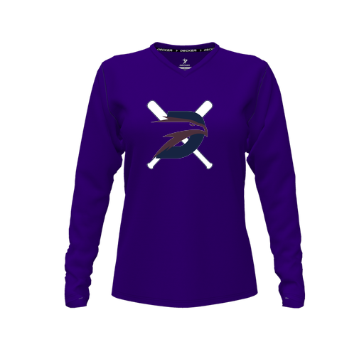 [CUS-DFW-TEES-PER-VNK-LSL-PUR-FYXS-LOGO1] Decker Performance T-Shirt (Female Youth XS, Purple, V Neck, Logo 1, Long Sleeve)